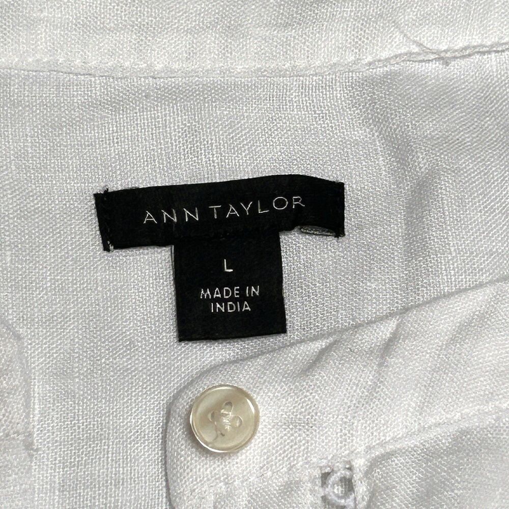 Ann Taylor White 100% Linen Blouse Lace Trim Rolled Sleeve Relaxed L - Picture 3 of 8